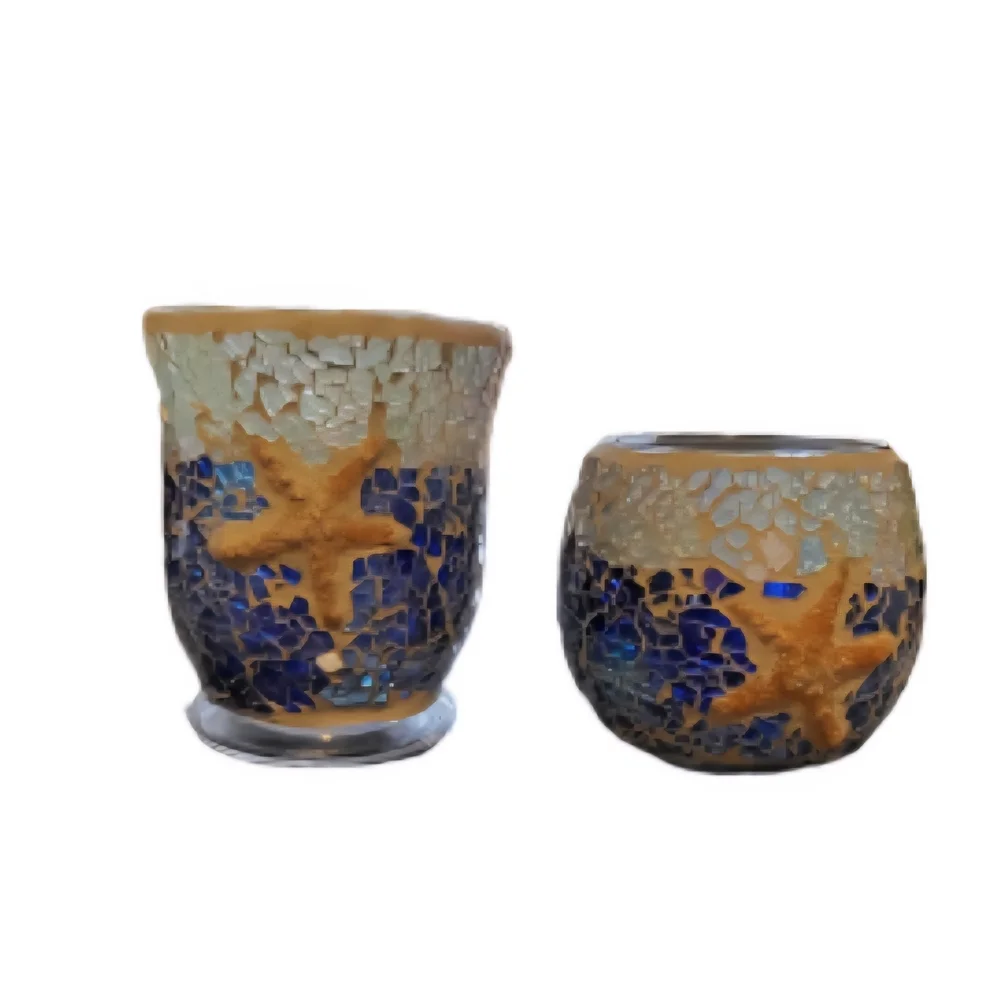 Mosaic Glass Candle Holders with Starfish and Shell Design